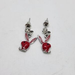 Y2k 90s Playboy Bunny Silver Tone Red Enamel Rhinestone Dangle Stud Earrings